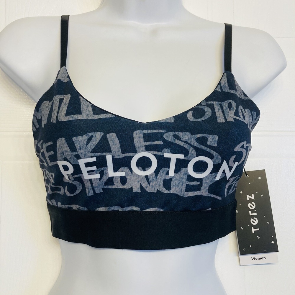 Terez X Peloton Sports Bra Women XS Blue Fearless Stronger Graphic Mesh Back NEW